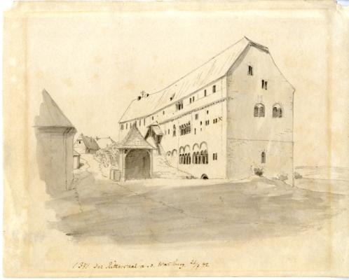 Blick in den zweiten Burghof der Wartburg von Süden mit der Zisternenüberdachung als offener Unterstand, Franz Kuchenbuch, 26.7.1842