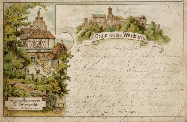 Abb. 4: Postkarte „Gruß von der Wartburg“, abgestempelt am 12.3.1897, C. Jacobsen’s Kunstanstalt