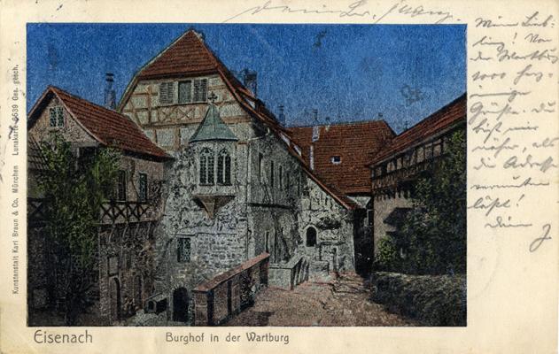 Abb. 5: Postkarte „Eisenach. Burghof in der Wartburg“, abgestempelt am 5.3.1906, Kunstanstalt Karl Braun 