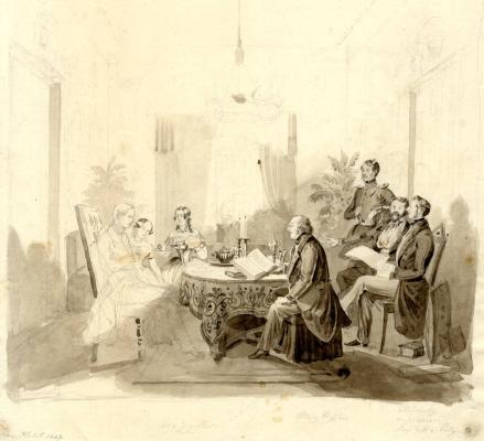 Abb. 2 Sophie und Carl Alexander, Ludwig Bechstein, Bernhard von Arnswald und Hugo von Ritgen auf der Wartburg beim Tee in der Vogtei, Bernhard von Arnswald, 1849