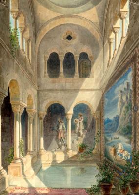 Blick in das Innere des Ritterbades, Hugo von Ritgen, 1858, Aquarell, Wartburg-Stiftung, Kunstsammlung, Inv.-Nr. BE0277