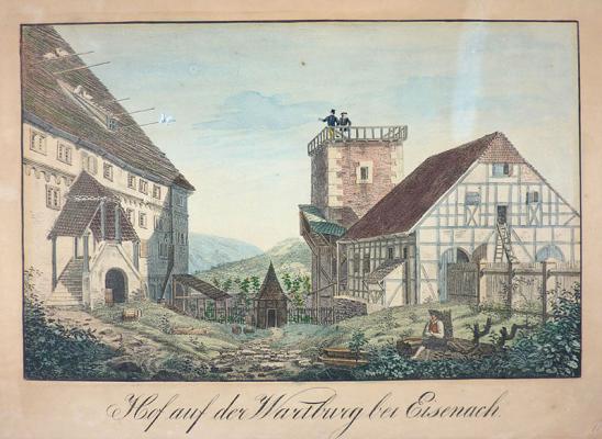 Hof auf der Wartburg bei Eisenach, Ferdinand Gropius, 1823, kolorierte Lithographie, Wartburg-Stiftung, Kunstsammlung, Inv.-Nr. G2065