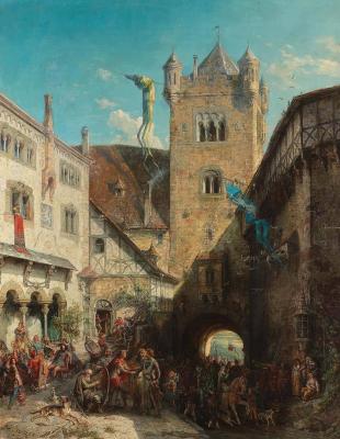 August von Wille: Der Sängerkrieg auf der Wartburg, um 1859, Öl auf Leinwand, 130 x 88 cm, Wartburg-Stiftung, Kunstsammlung, Inv.-Nr. M0317