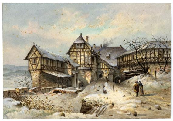 Der erste Burghof der Wartburg im Winter, Carl Julius von Leypold, vor 1840, Aquarell