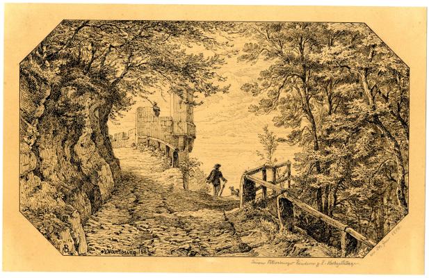 Blick vom Steinweg zum Wachtürmen (Schilderhäuschen) der Wartburg, Robert Bauer, 1883