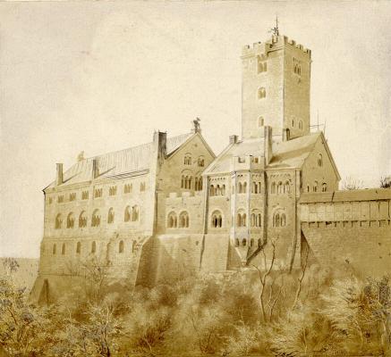 Abb. 4: Blick auf den Palas, die Neue Kemenate und den Bergfried der Wartburg von Osten. Ernst Pfeiffer, 1857, Fotografie