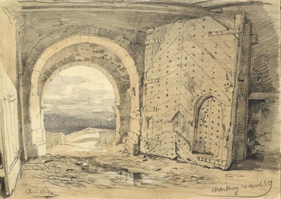 August von Wille: Das Eingangstor der Wartburg von Süden, 1859, Aquarell, Graphit, Pinsel in Braun, laviert, 25,5 x 35,5 cm, Wartburg-Stiftung, Kunstsammlung, Inv.-Nr. G0687