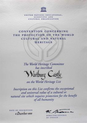 Urkunde zur Aufnahme der Wartburg in die UNESCO-Welterbeliste, 4. Dezember 1999